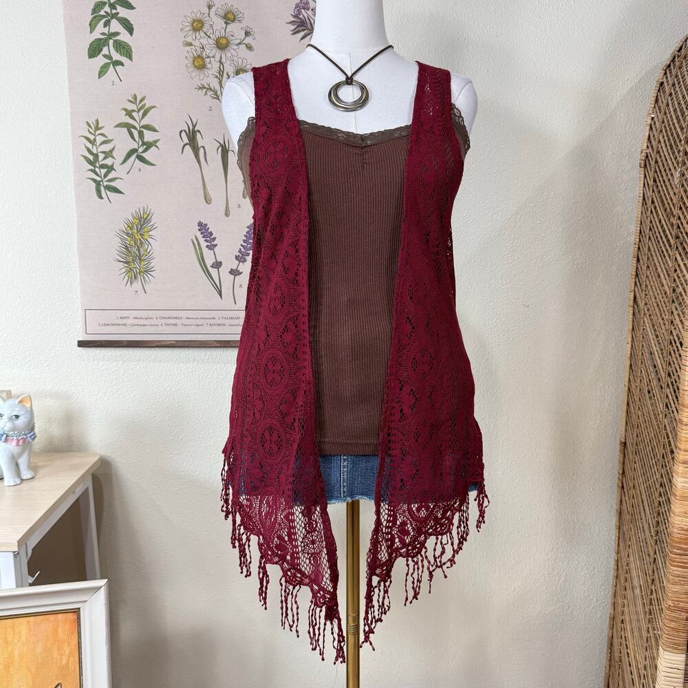 Sheer Crochet Fringe Vest Festival Hippie Boho Fairy Grunge Coastal Cowgirl OS L
